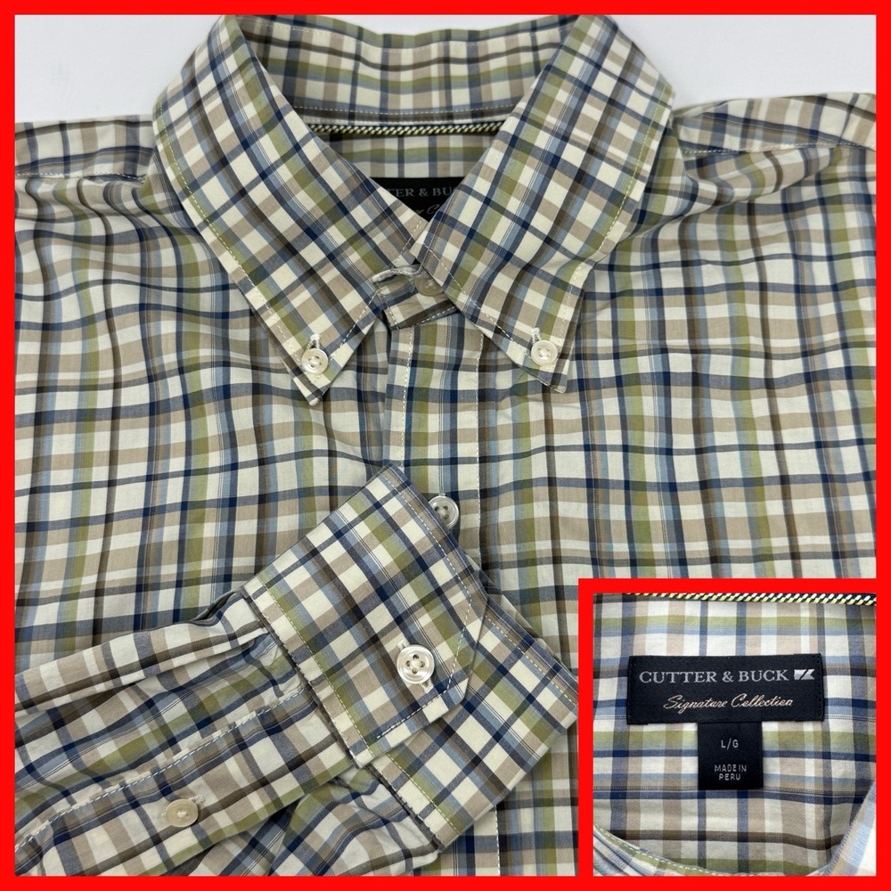 Cutter & Buck Button Down Shirt Mens L Green Blue Plaid Signature Collection